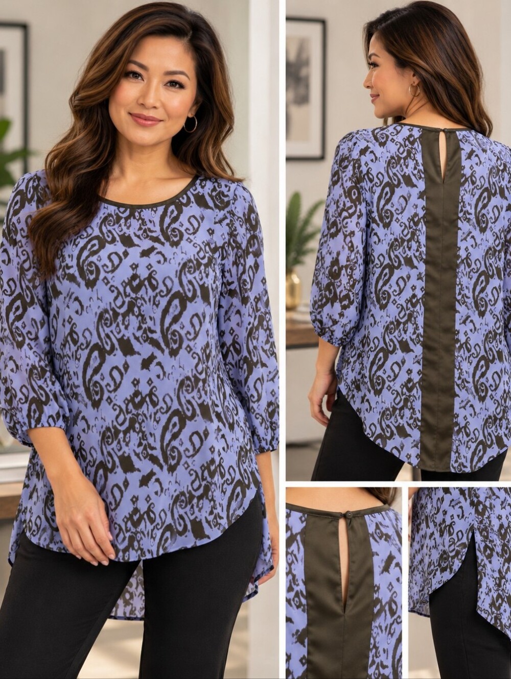AB STUDIO | ✨💜 Purple Black Paisley High Low Tunic Blouse Keyhole| EUC ✨ size M